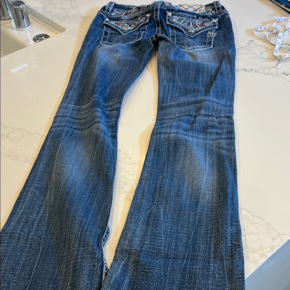 Miss Me Dark Blue Boot Cut Jeans with Embellished Pockets - Picture 5 of 5